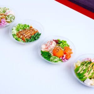 koibito four poke bowls in a line