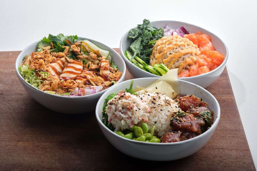 three poke bowls together