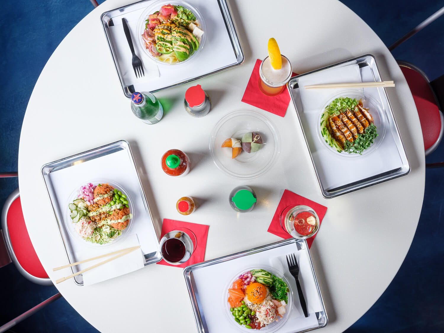 build your own poke bowl overhead on trays